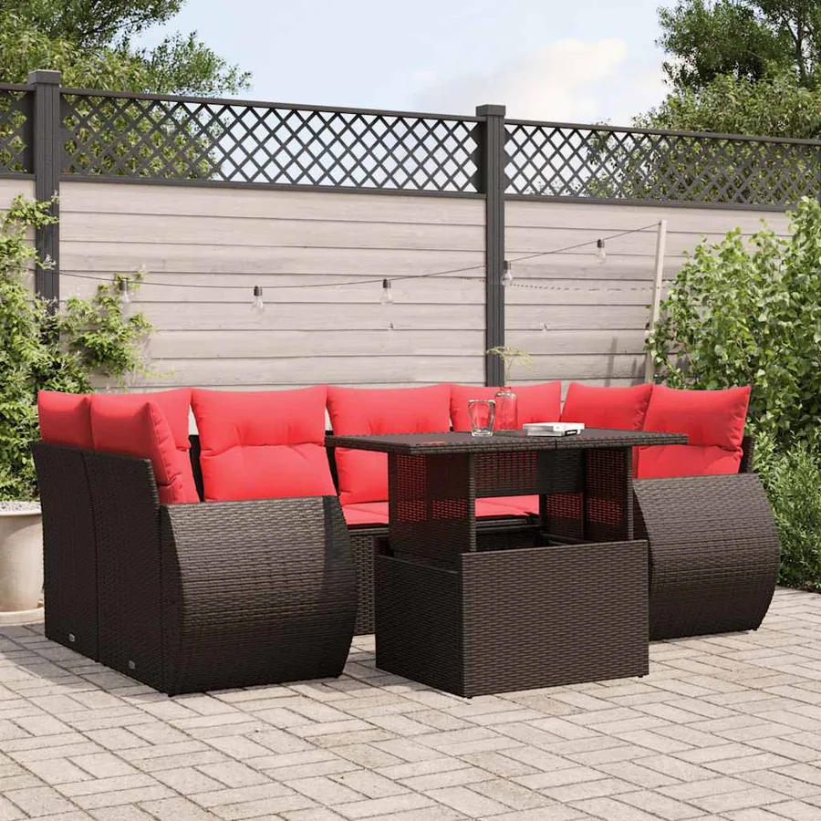 Ensemble de canapé de jardin 7 pcs avec coussins marron résine tressée