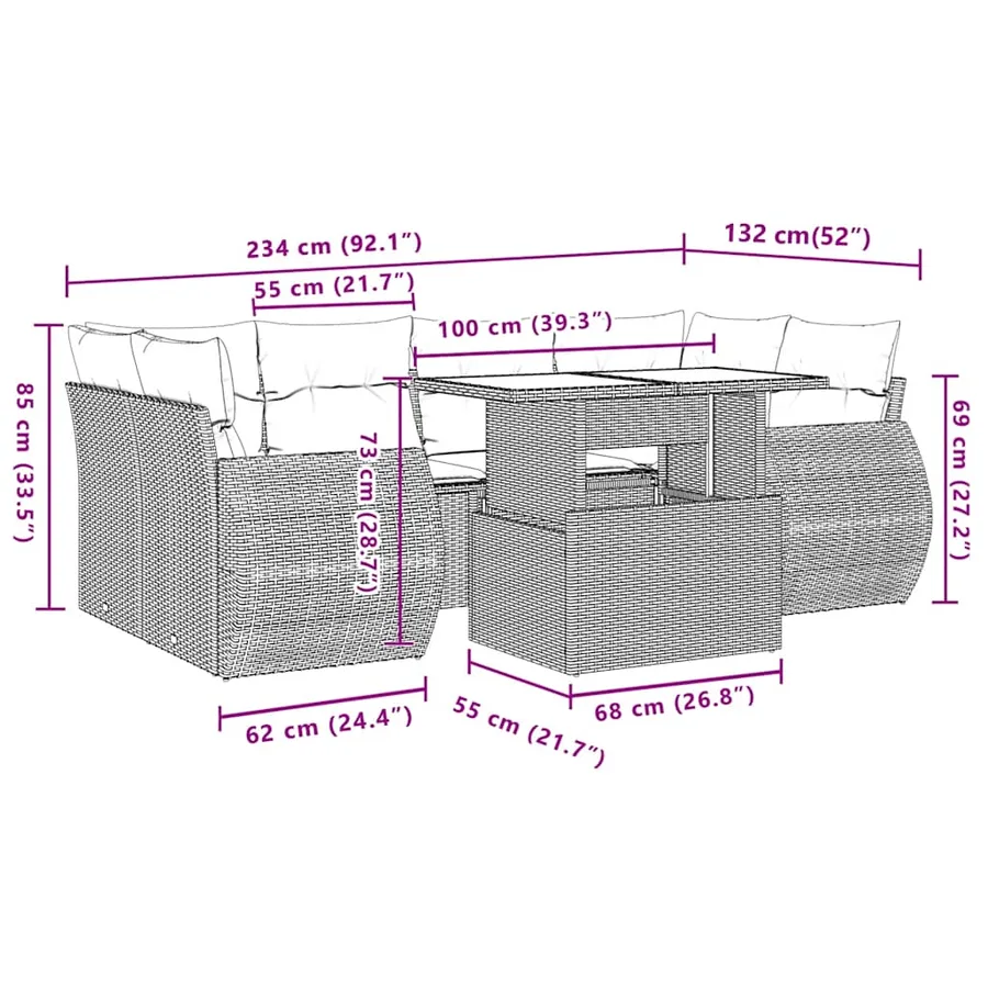 Ensemble de canapé de jardin 7 pcs avec coussins marron résine tressée - 10