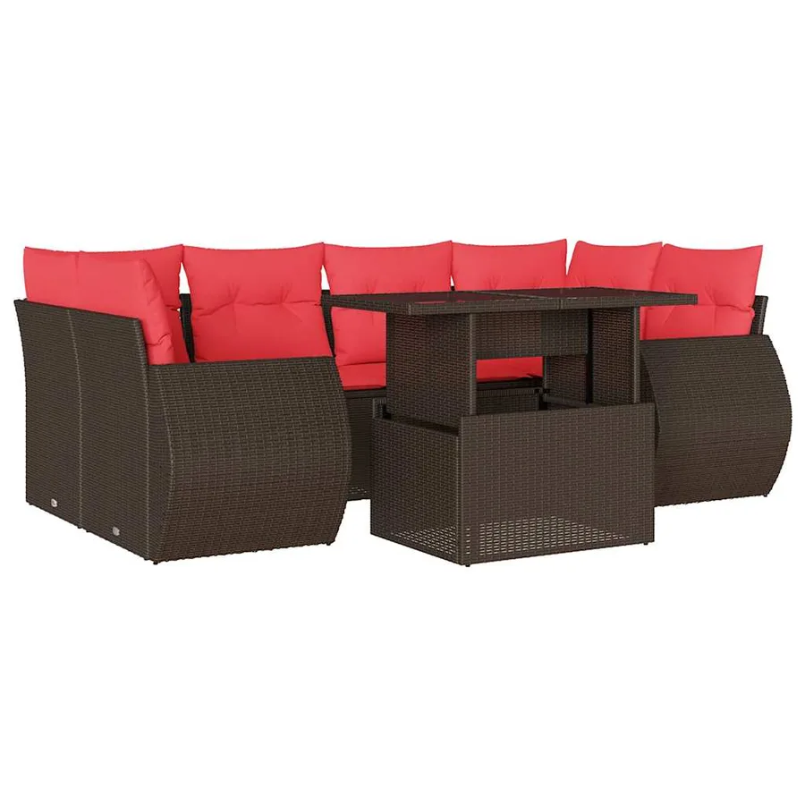 Ensemble de canapé de jardin 7 pcs avec coussins marron résine tressée - 2