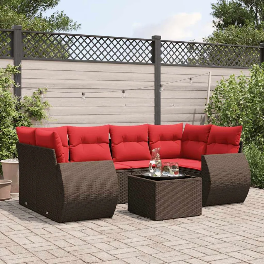 Ensemble de canapé de jardin 7 pcs avec coussins marron résine tressée