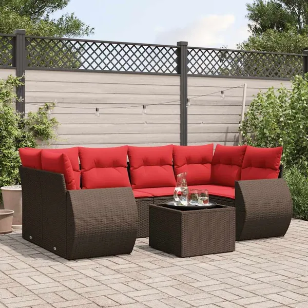 Ensemble de canapé de jardin 7 pcs avec coussins marron résine tressée
