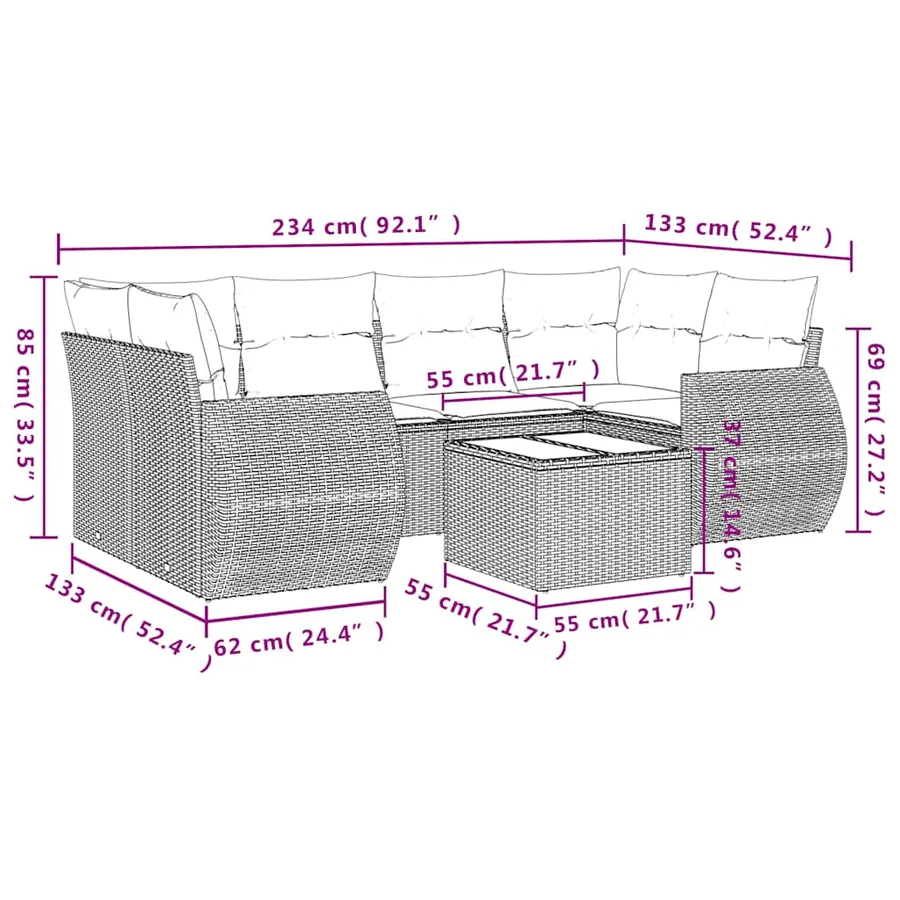 Ensemble de canapé de jardin 7 pcs avec coussins marron résine tressée - 8