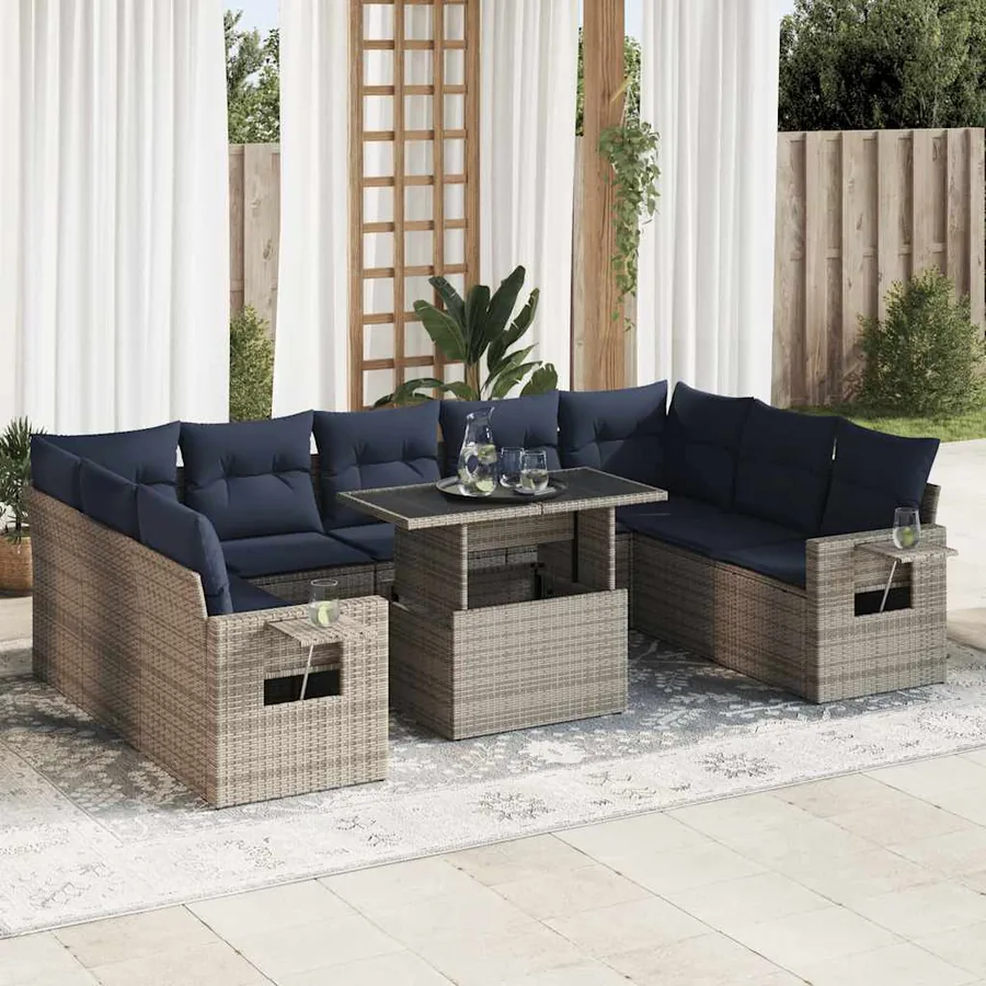 Salon de jardin avec coussins 10 pcs gris résine tressée acacia