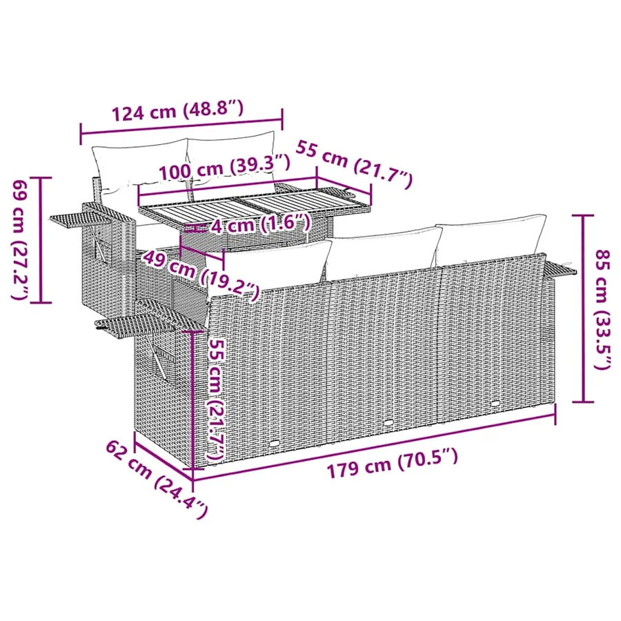 Salon de jardin 6 pcs avec coussins gris résine tressée - 13