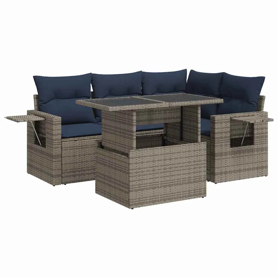 Salon de jardin 5 pcs avec coussins gris résine tressée acacia - 2
