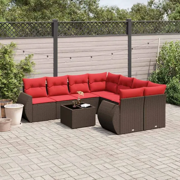 Ensemble de canapé de jardin 9 pcs avec coussins marron résine tressée