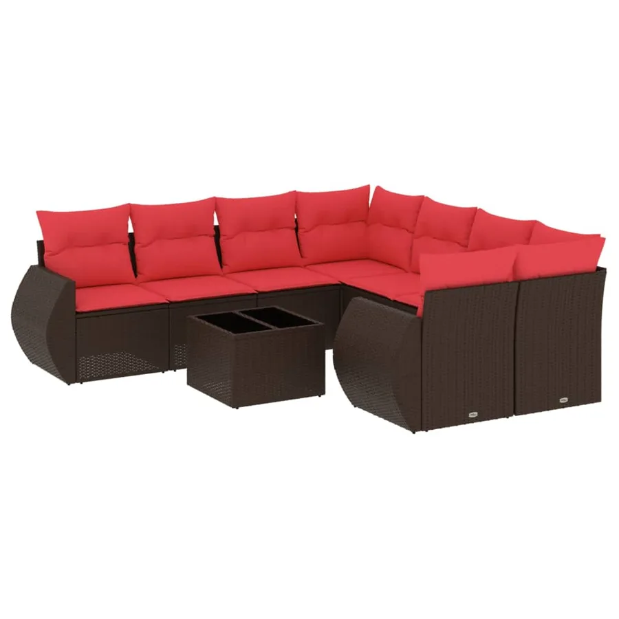 Ensemble de canapé de jardin 9 pcs avec coussins marron résine tressée - 2