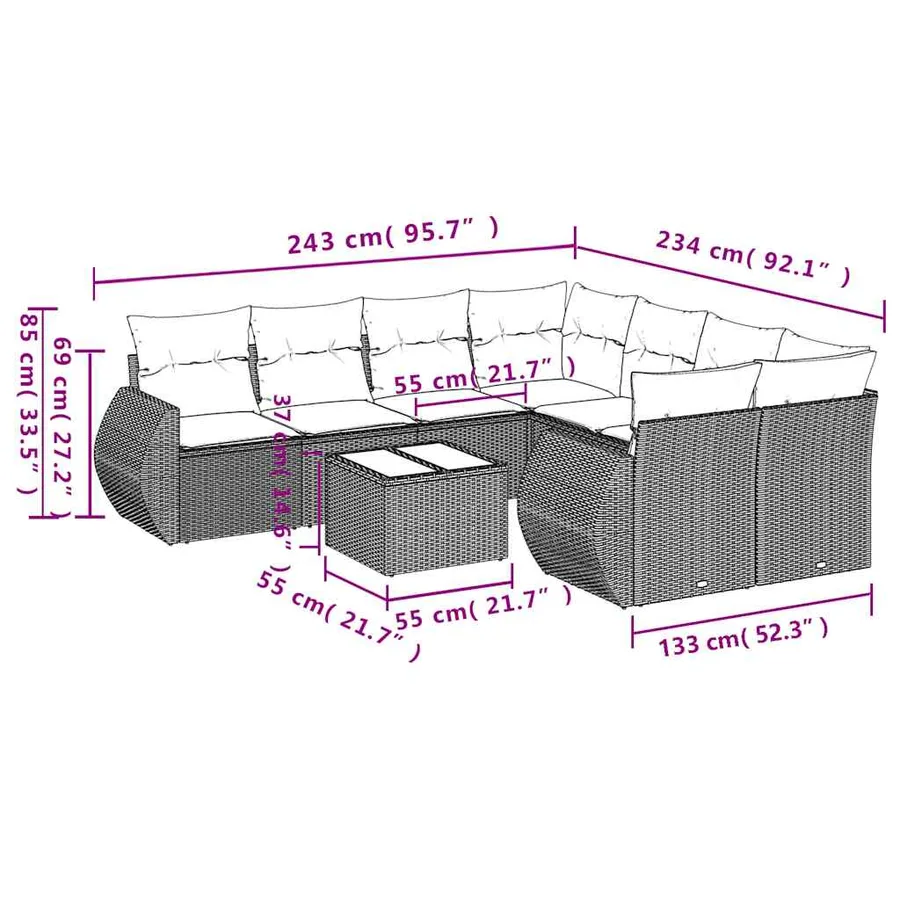 Ensemble de canapé de jardin 9 pcs avec coussins marron résine tressée - 8