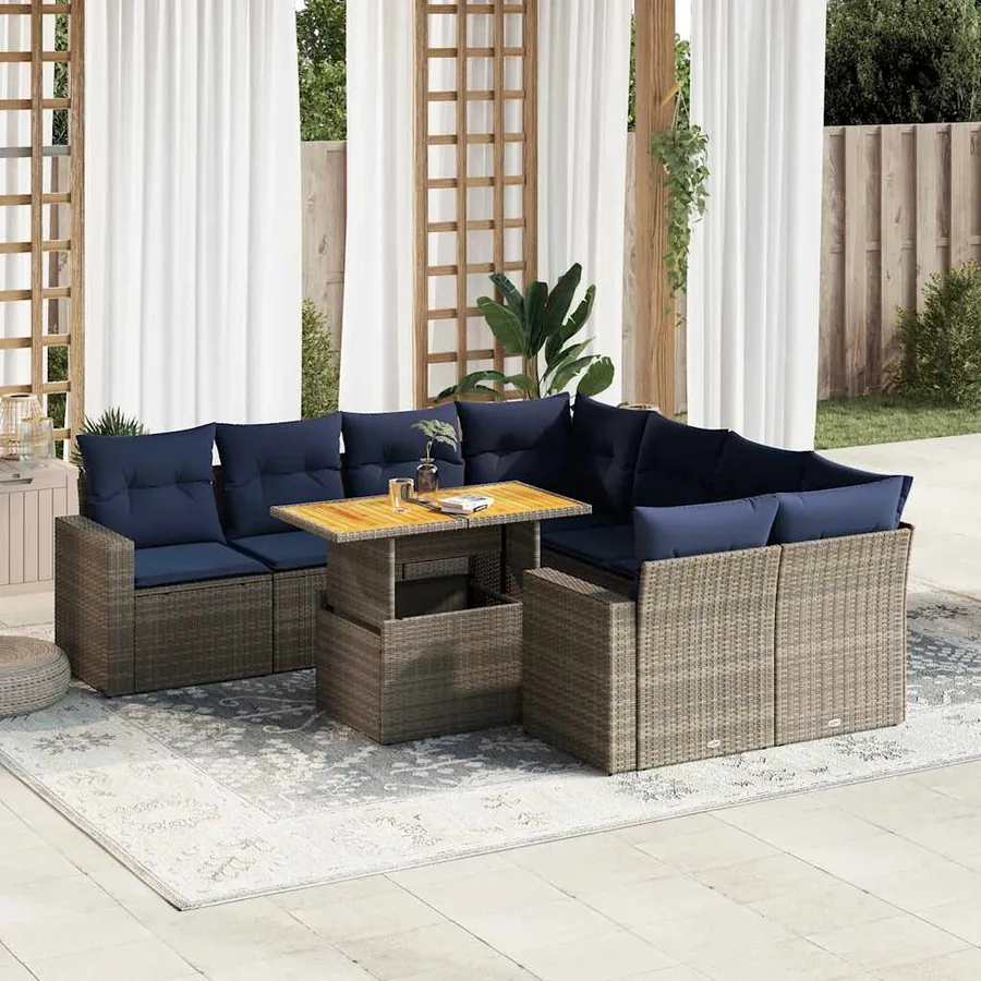 Salon de jardin 9 pcs avec coussins gris résine tressée
