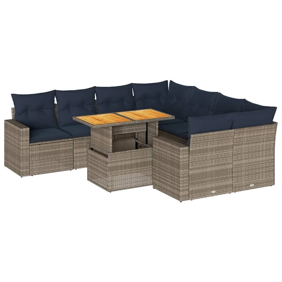 Salon de jardin 9 pcs avec coussins gris résine tressée - 2