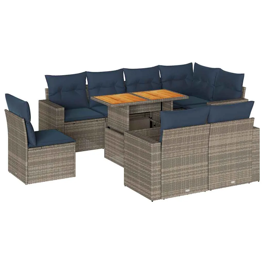 Salon de jardin 9 pcs avec coussins gris résine tressée - 2