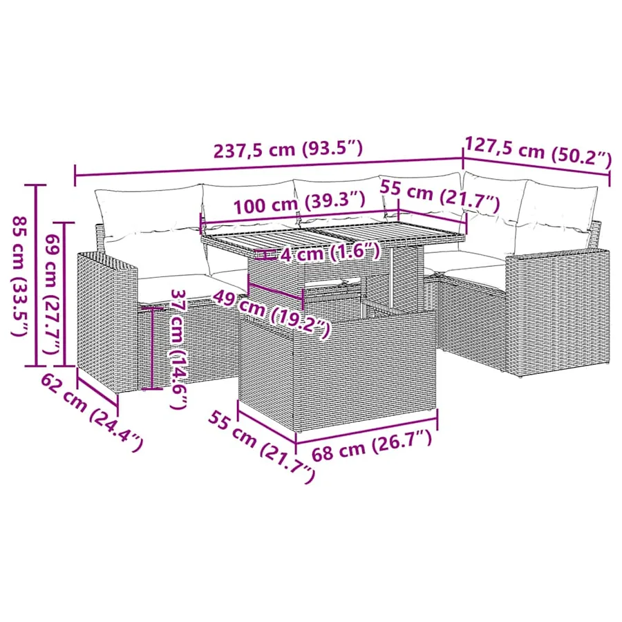 Salon de jardin 6 pcs avec coussins gris résine tressée - 15