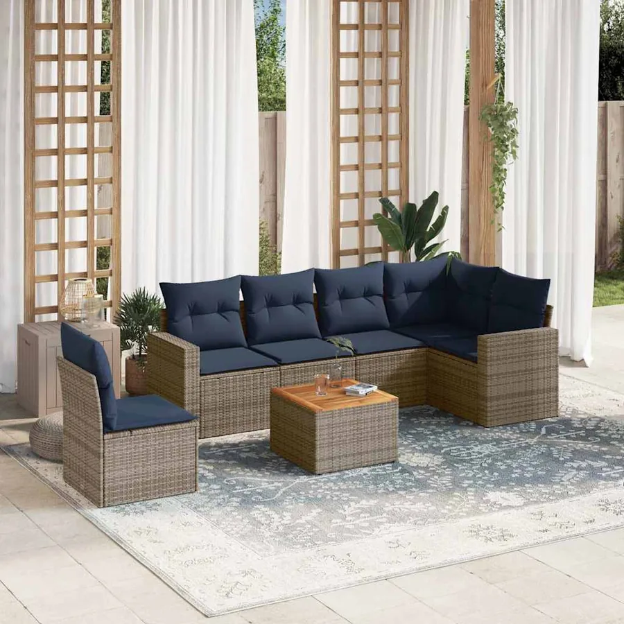 Salon de jardin 7 pcs avec coussins gris résine tressée