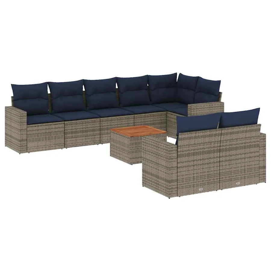 Salon de jardin 9 pcs avec coussins gris résine tressée - 2