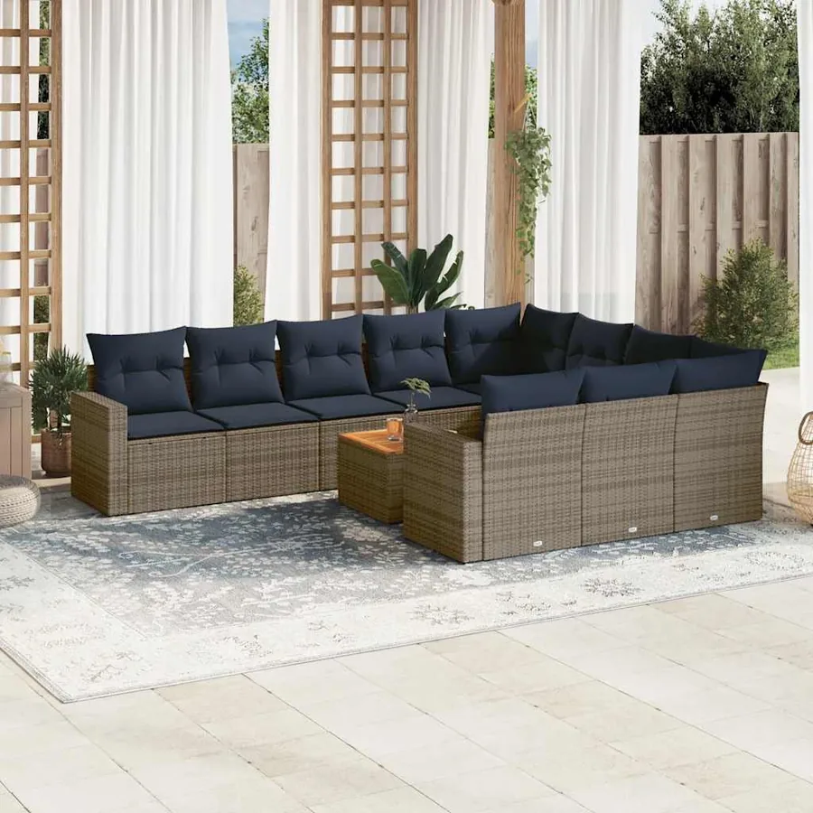 Salon de jardin 11 pcs avec coussins gris résine tressée