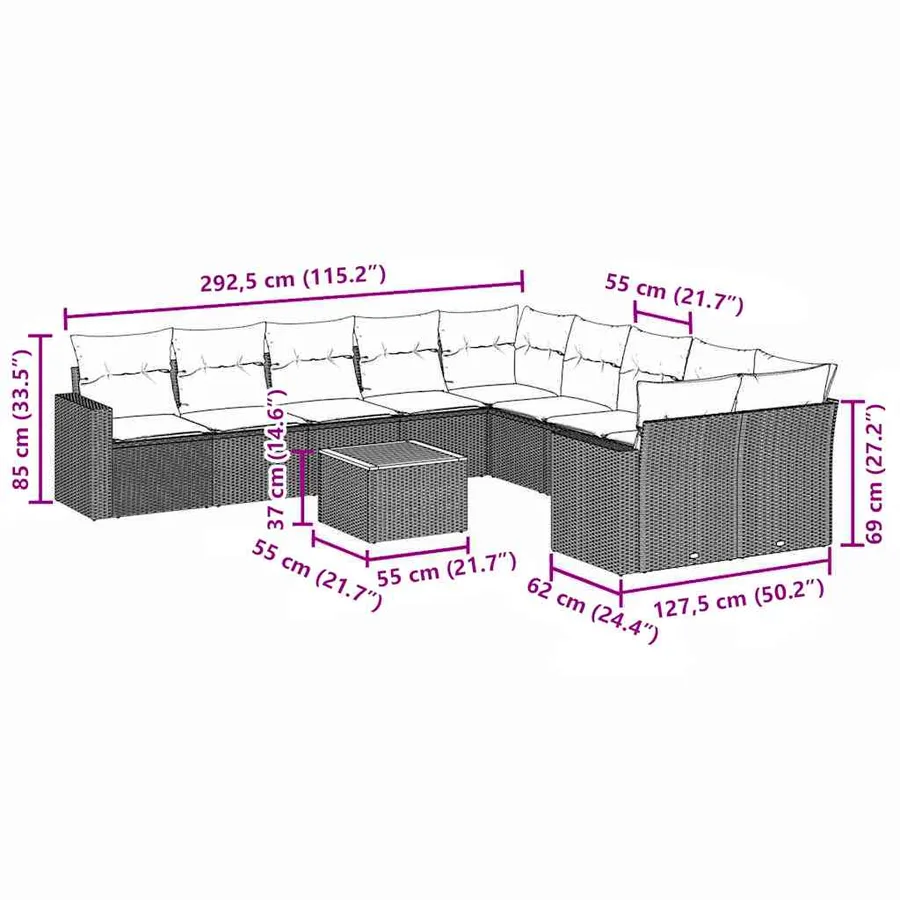 Salon de jardin 11 pcs avec coussins gris résine tressée - 12