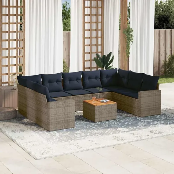 Salon de jardin 10 pcs avec coussins gris résine tressée