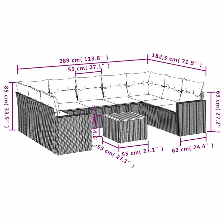 Salon de jardin 10 pcs avec coussins gris résine tressée - 12