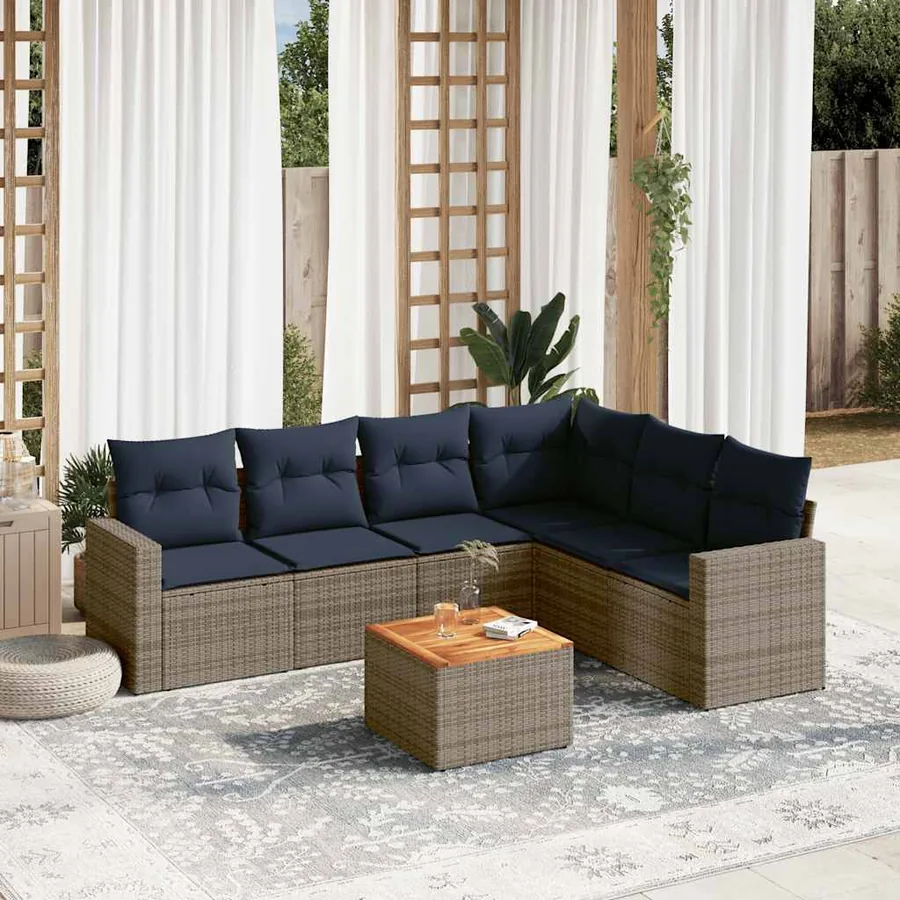 Salon de jardin 7 pcs avec coussins gris résine tressée