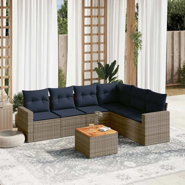 Salon de jardin 7 pcs avec coussins gris résine tressée