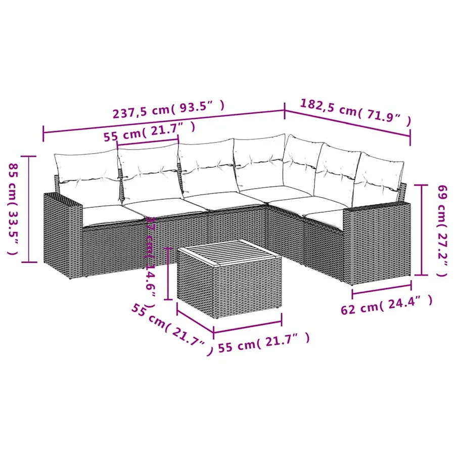Salon de jardin 7 pcs avec coussins gris résine tressée - 12