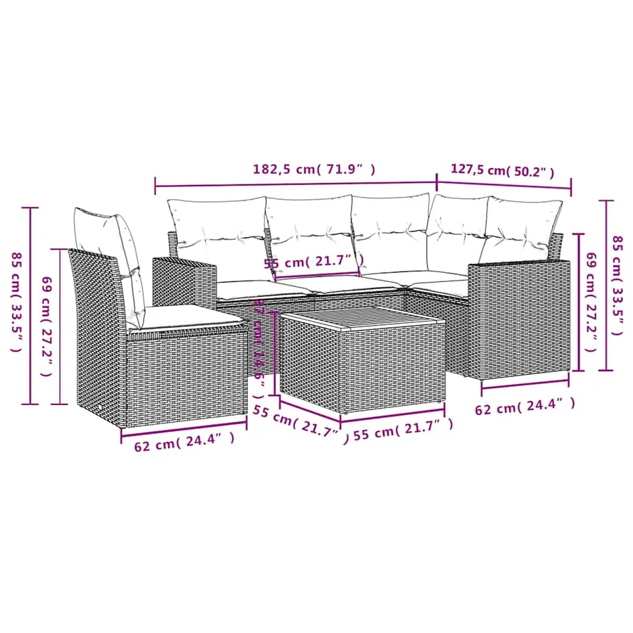 Salon de jardin 6 pcs avec coussins gris résine tressée - 12