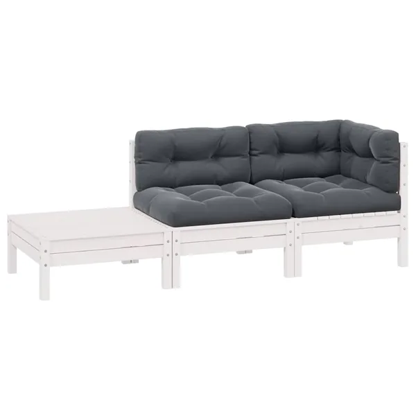 Salon de jardin 3 pcs avec coussins Blanc Bois de pin massif