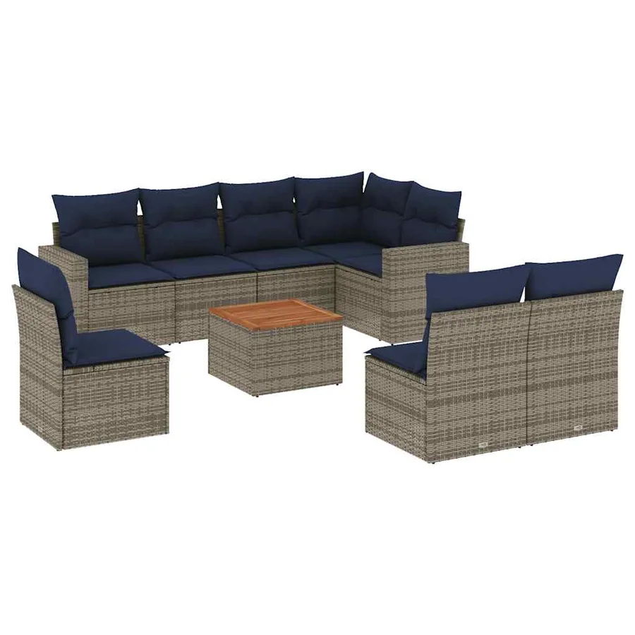 Salon de jardin 9 pcs avec coussins gris résine tressée - 2