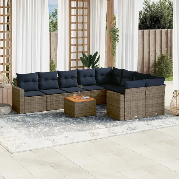 Salon de jardin 10 pcs avec coussins gris résine tressée