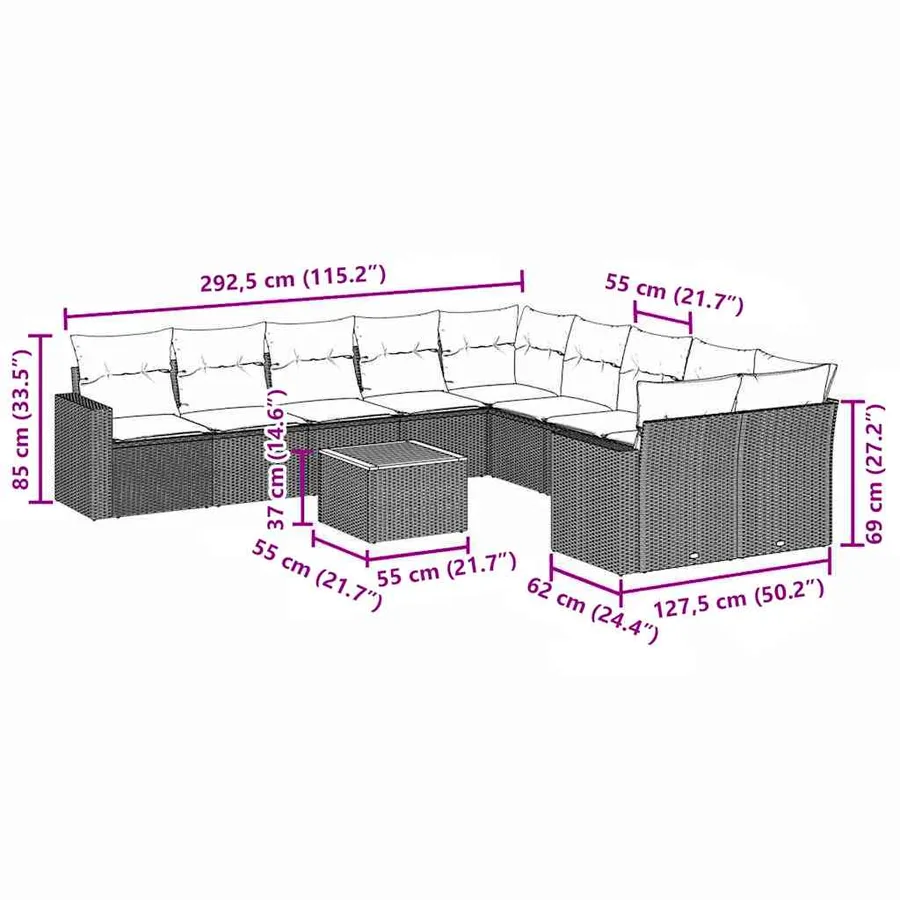Salon de jardin 11 pcs avec coussins gris résine tressée - 12