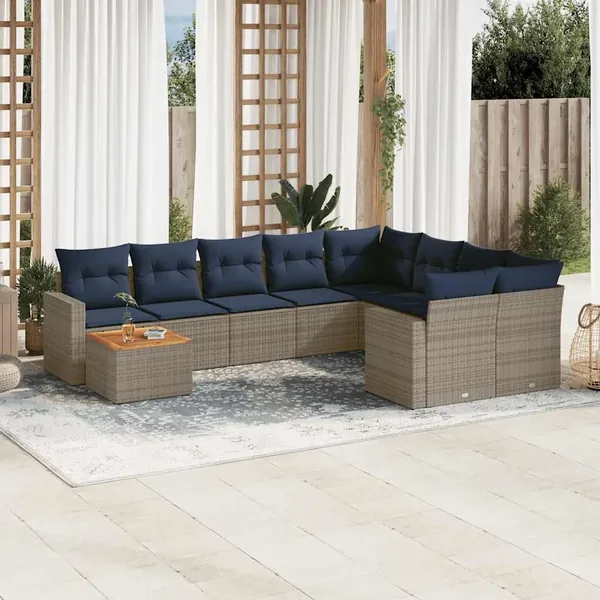 Salon de jardin 10 pcs avec coussins gris résine tressée