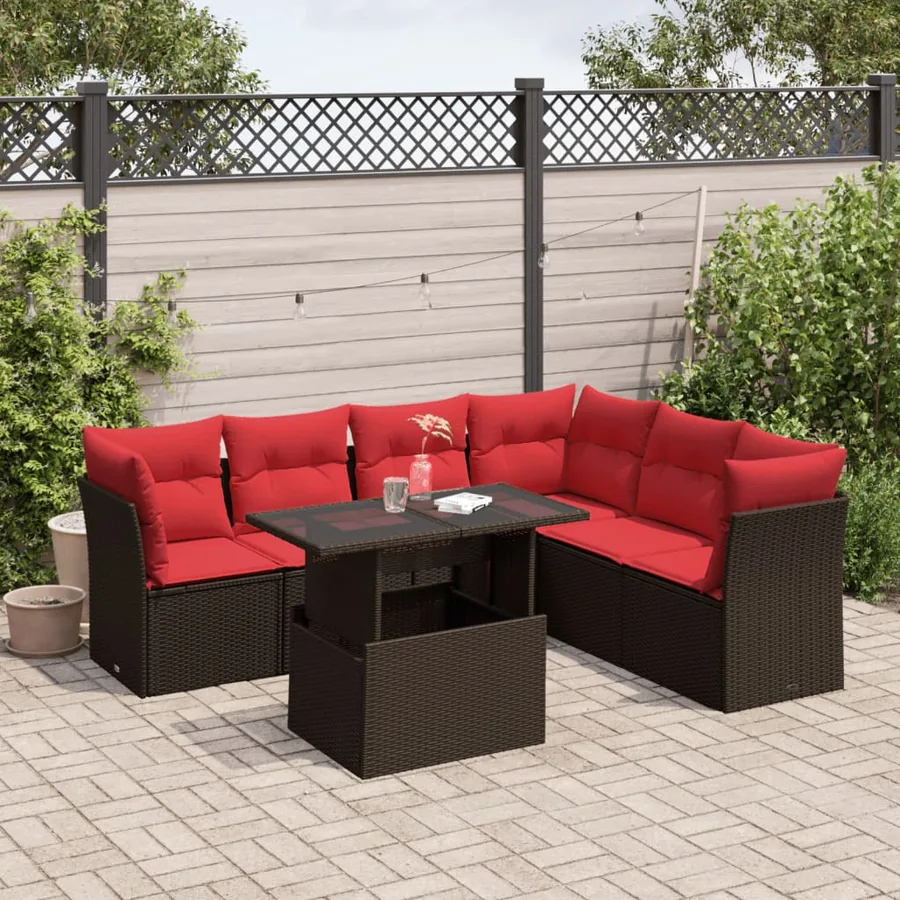 Ensemble de canapé de jardin 7 pcs avec coussins marron résine tressée