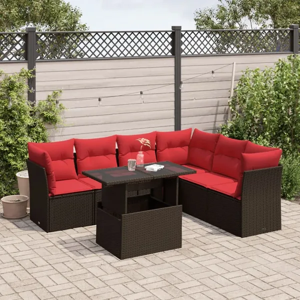Ensemble de canapé de jardin 7 pcs avec coussins marron résine tressée
