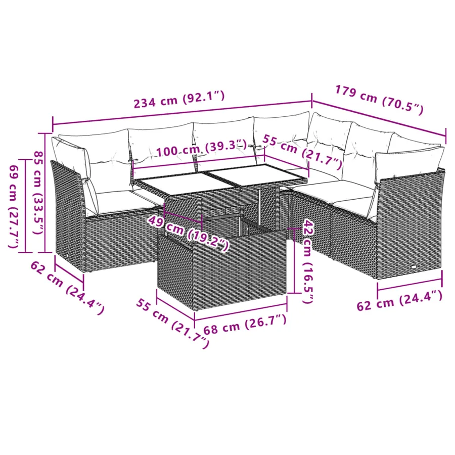Ensemble de canapé de jardin 7 pcs avec coussins marron résine tressée - 9