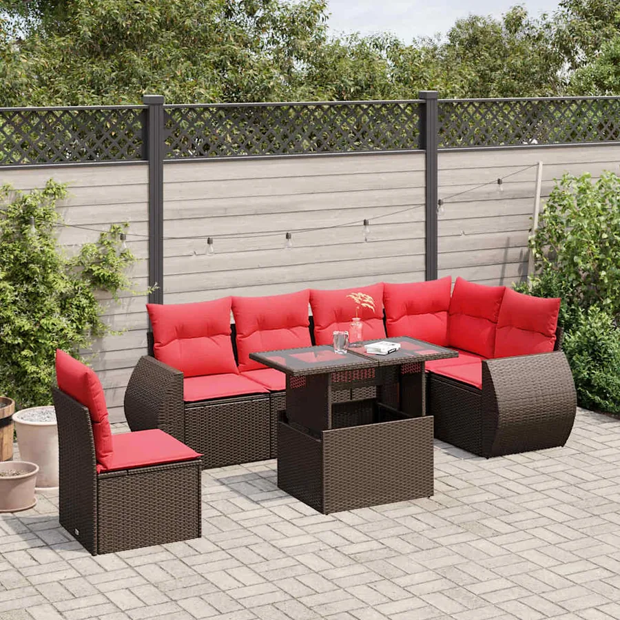 Ensemble de canapé de jardin 7 pcs avec coussins marron résine tressée