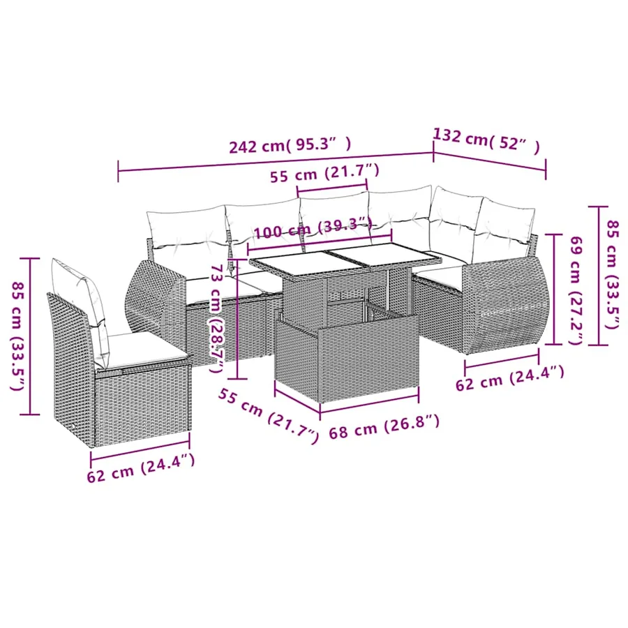 Ensemble de canapé de jardin 7 pcs avec coussins marron résine tressée - 10