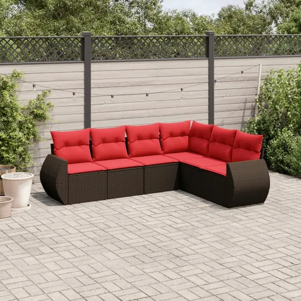 Ensemble de canapé de jardin 6 pcs avec coussins marron résine tressée