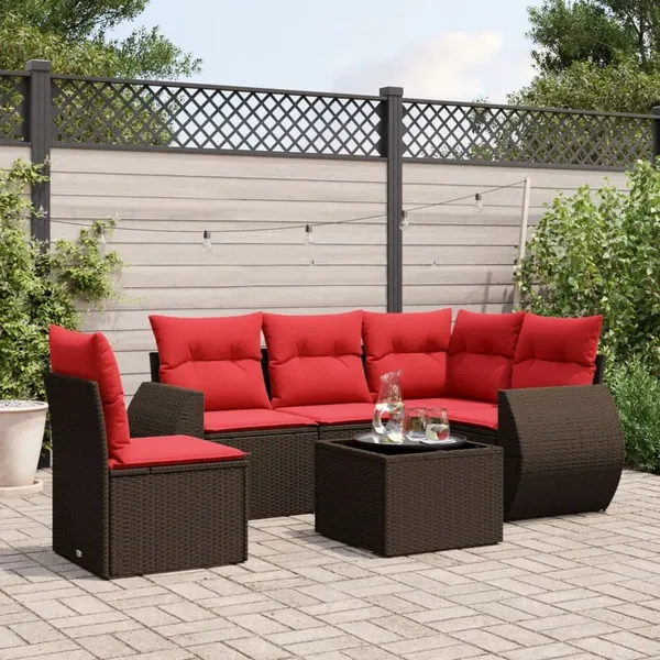 Ensemble de canapé de jardin 6 pcs avec coussins marron résine tressée
