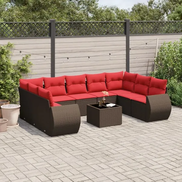 Ensemble de canapé de jardin 10 pcs avec coussins marron résine tressée