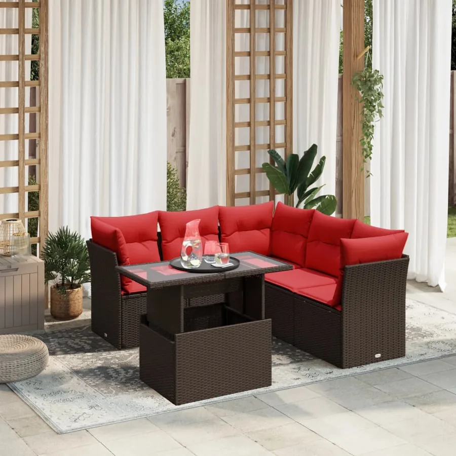 Ensemble de canapé de jardin 6 pcs avec coussins marron résine tressée