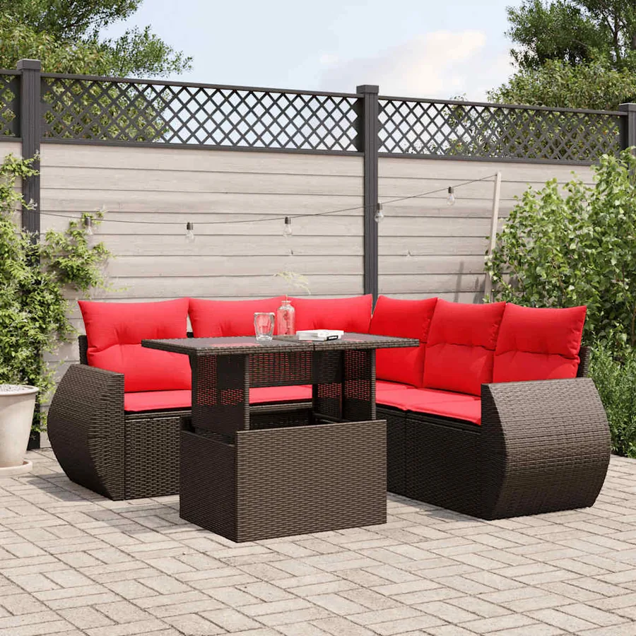 Ensemble de canapé de jardin 6 pcs avec coussins marron résine tressée