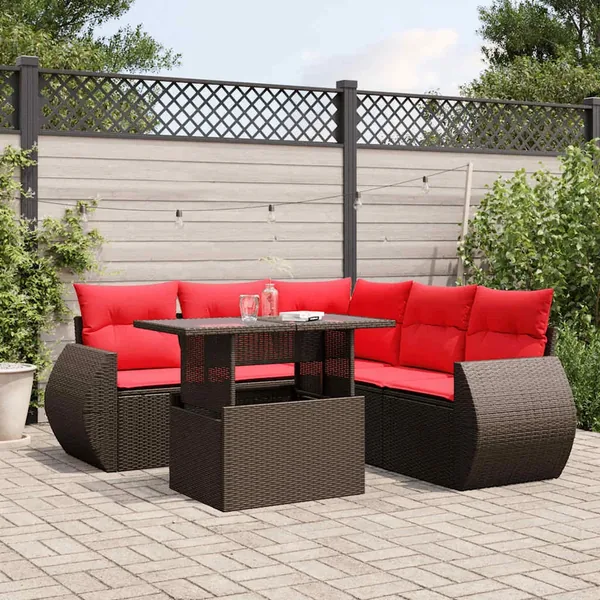 Ensemble de canapé de jardin 6 pcs avec coussins marron résine tressée