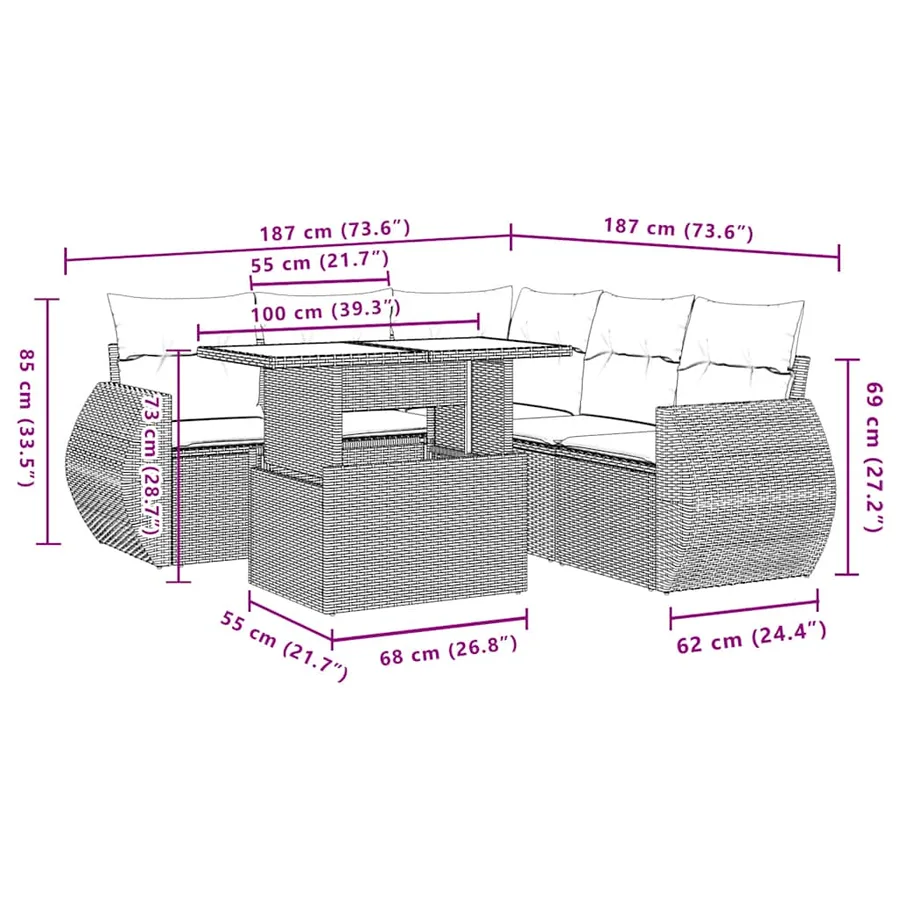 Ensemble de canapé de jardin 6 pcs avec coussins marron résine tressée - 10