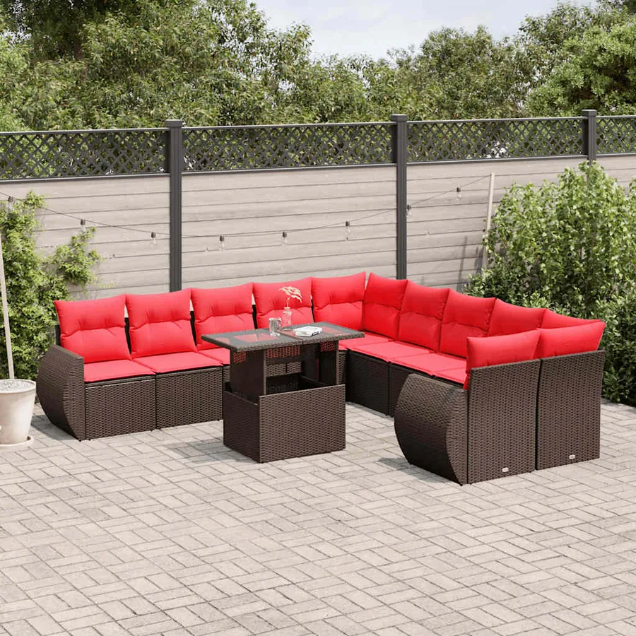 Ensemble de canapé de jardin 11 pcs avec coussins marron résine tressée