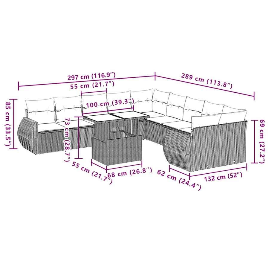 Ensemble de canapé de jardin 11 pcs avec coussins marron résine tressée - 10