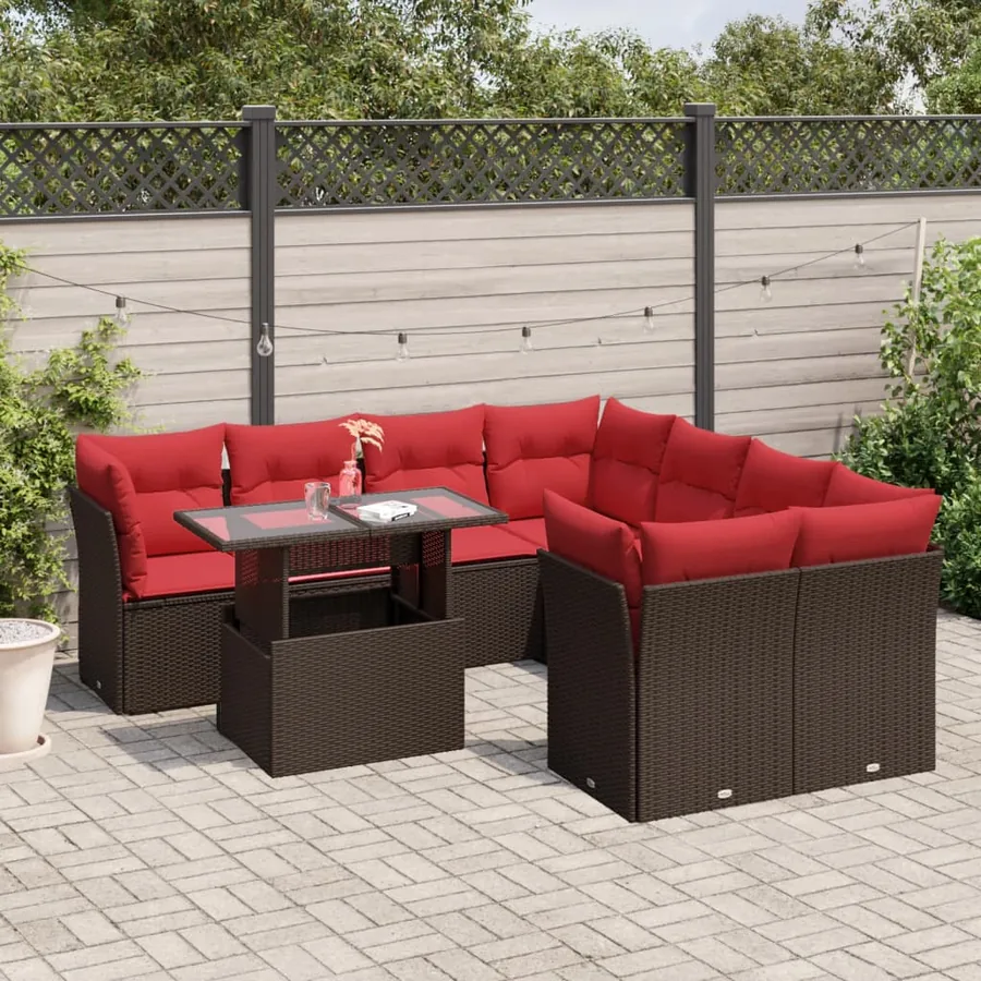 Ensemble de canapé de jardin 9 pcs avec coussins marron résine tressée