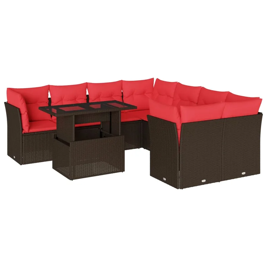 Ensemble de canapé de jardin 9 pcs avec coussins marron résine tressée - 2