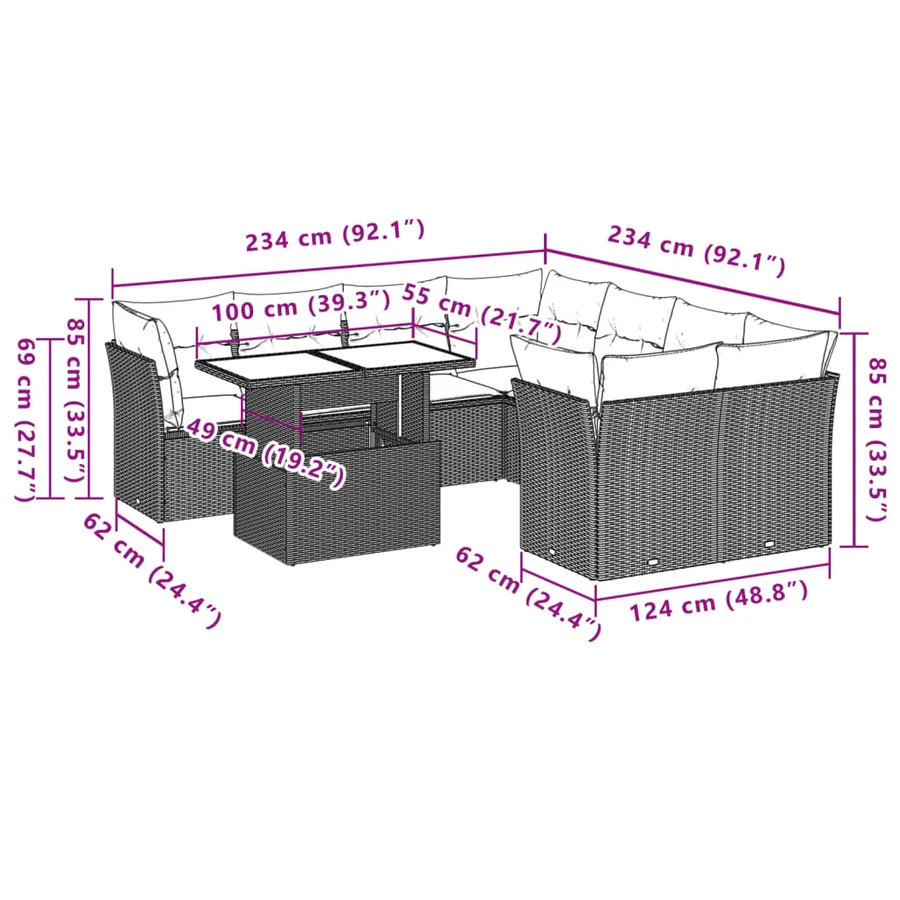 Ensemble de canapé de jardin 9 pcs avec coussins marron résine tressée - 9