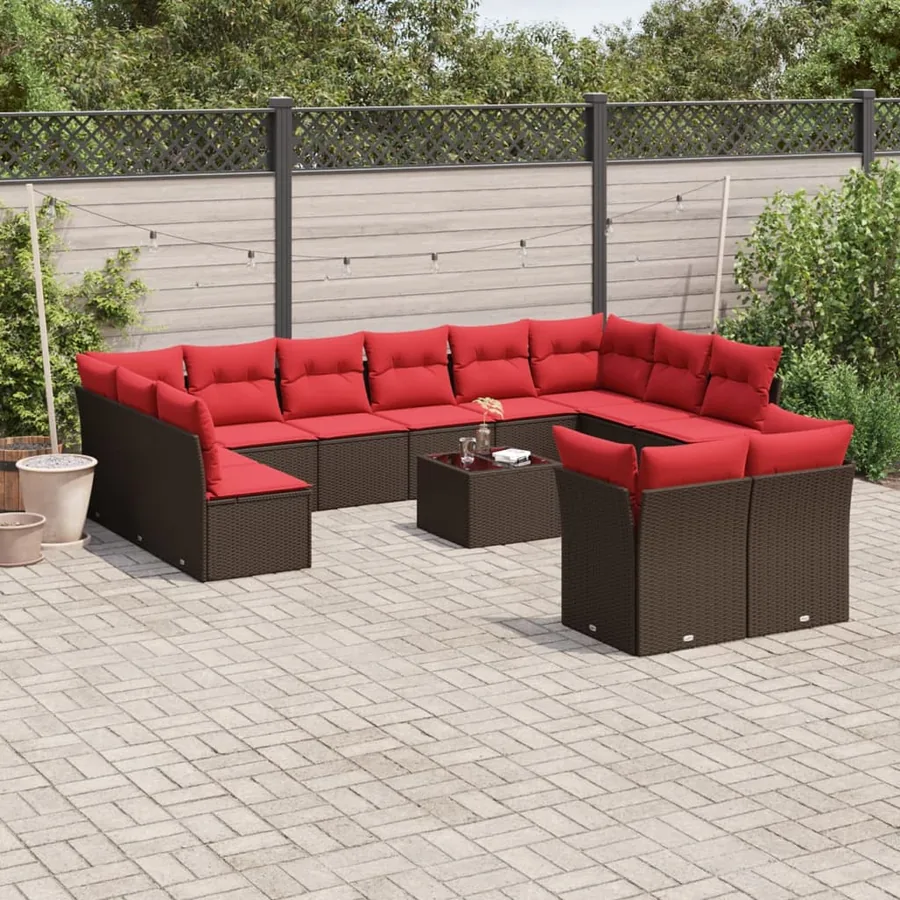 Ensemble de canapé de jardin 13 pcs avec coussins marron résine tressée