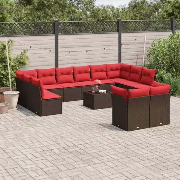 Ensemble de canapé de jardin 13 pcs avec coussins marron résine tressée